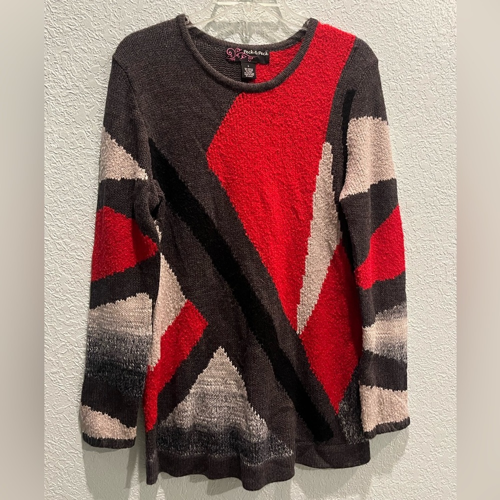 Peck & Peck Beautiful Gray & Red Color Block Tuni… - image 2